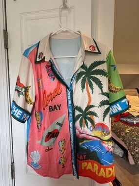 Anthropologie Coral Bay Multi-Color Satin Tropical Button-Down Shirt